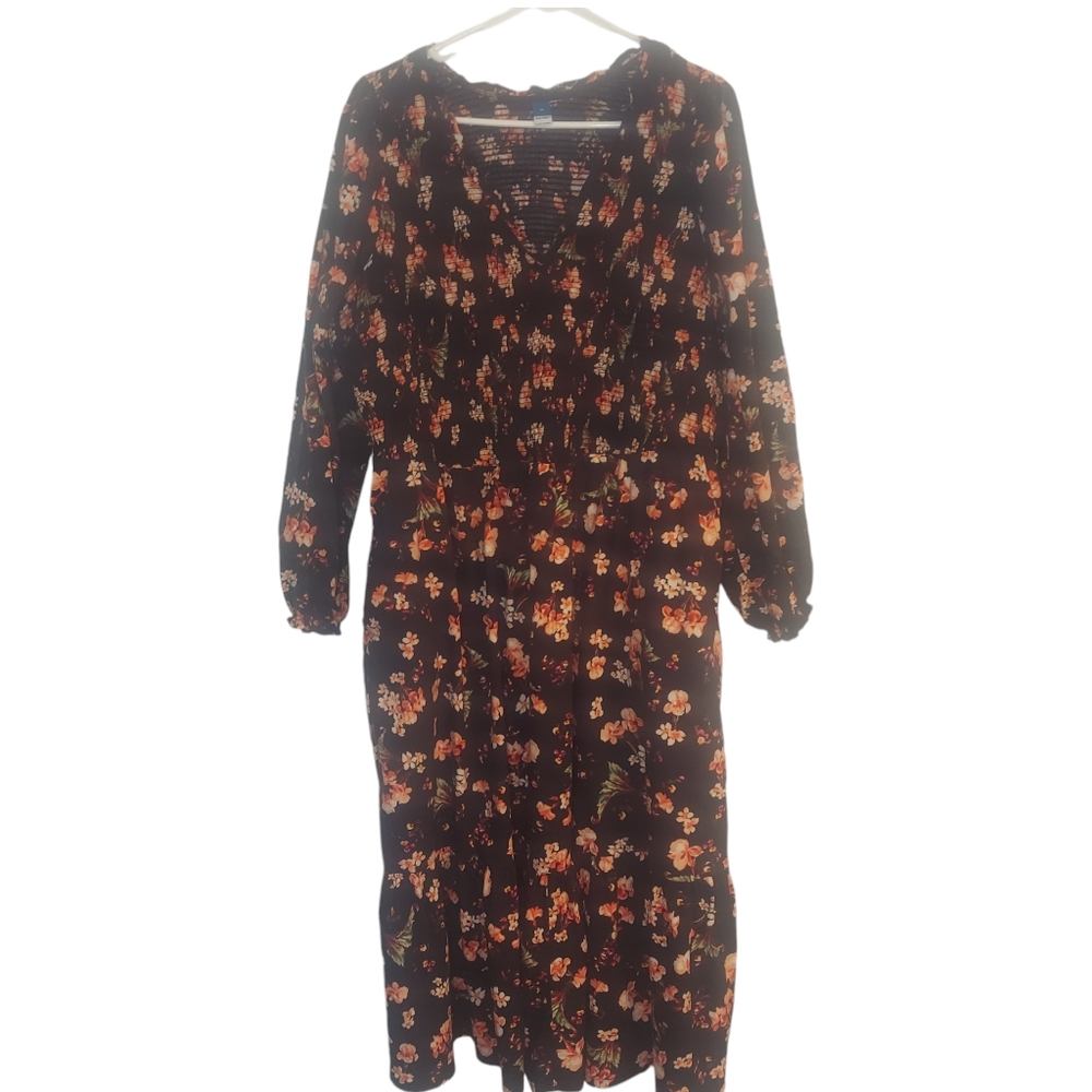 Old Navy Midi Floral L/S Smocked Bodice Dress EUC Size 2X with pockets
